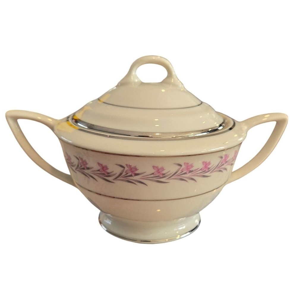 Royal Jackson Fine China Lidded Sugar Bowl Pink Floral Silver Trim Vogue Ceramic